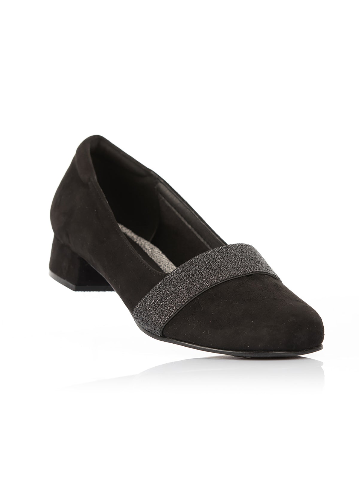Pumps - black microfiber suede, glitter strap, wide fit