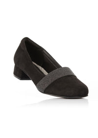 Pumps - black microfiber suede, glitter strap, wide fit