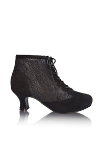 Dressy heeled ankle boots – black fabric, lace on the sides, extra wide fit