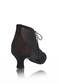 Dressy heeled ankle boots – black fabric, lace on the sides, extra wide fit