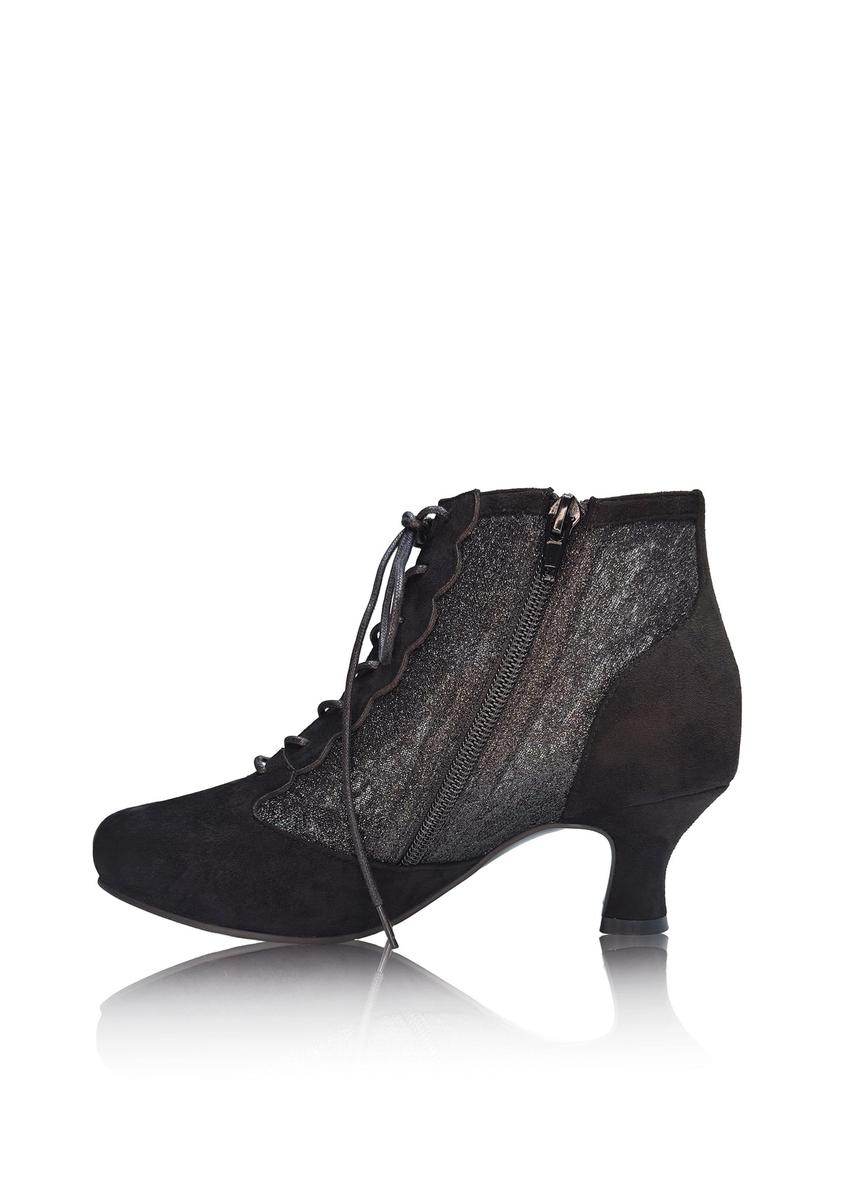 Dressy heeled ankle boots – black fabric, lace on the sides, extra wide fit