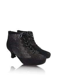 Dressy heeled ankle boots – black fabric, lace on the sides, extra wide fit