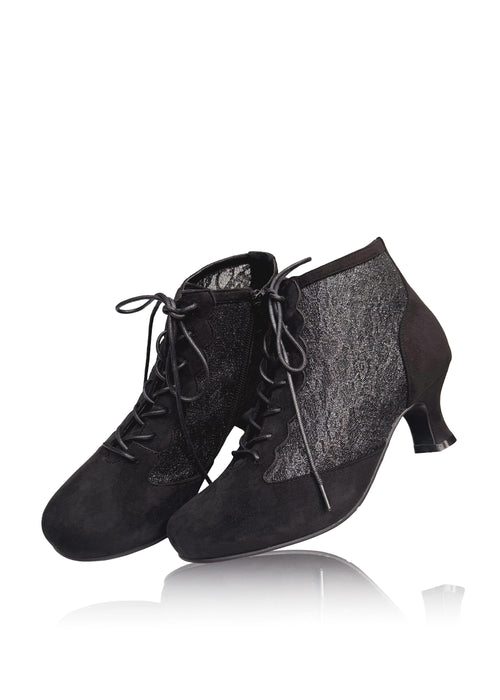 Dressy heeled ankle boots – black fabric, lace on the sides, extra wide fit