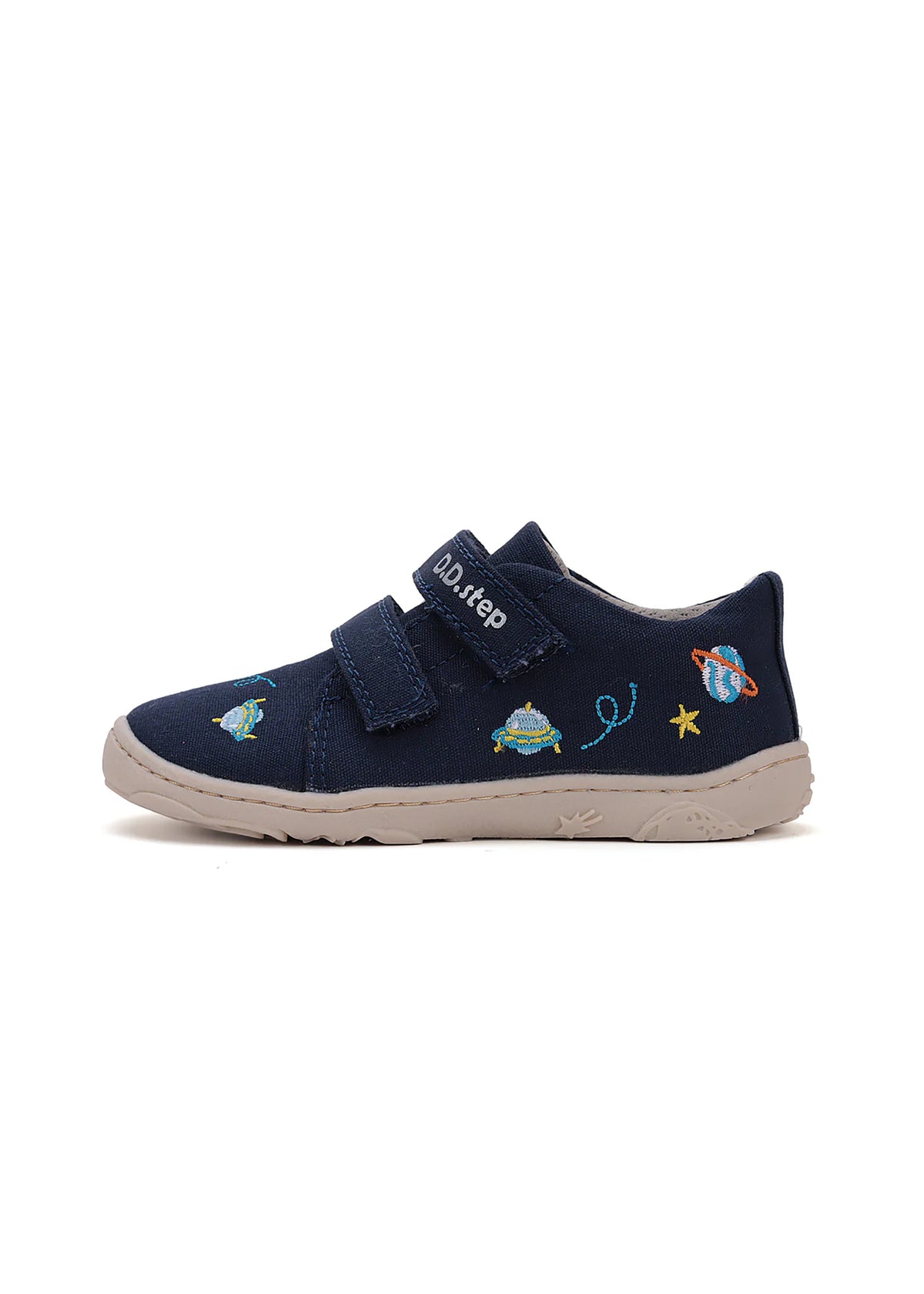 Children's barefoot sneakers - dark blue canvas, space patterns