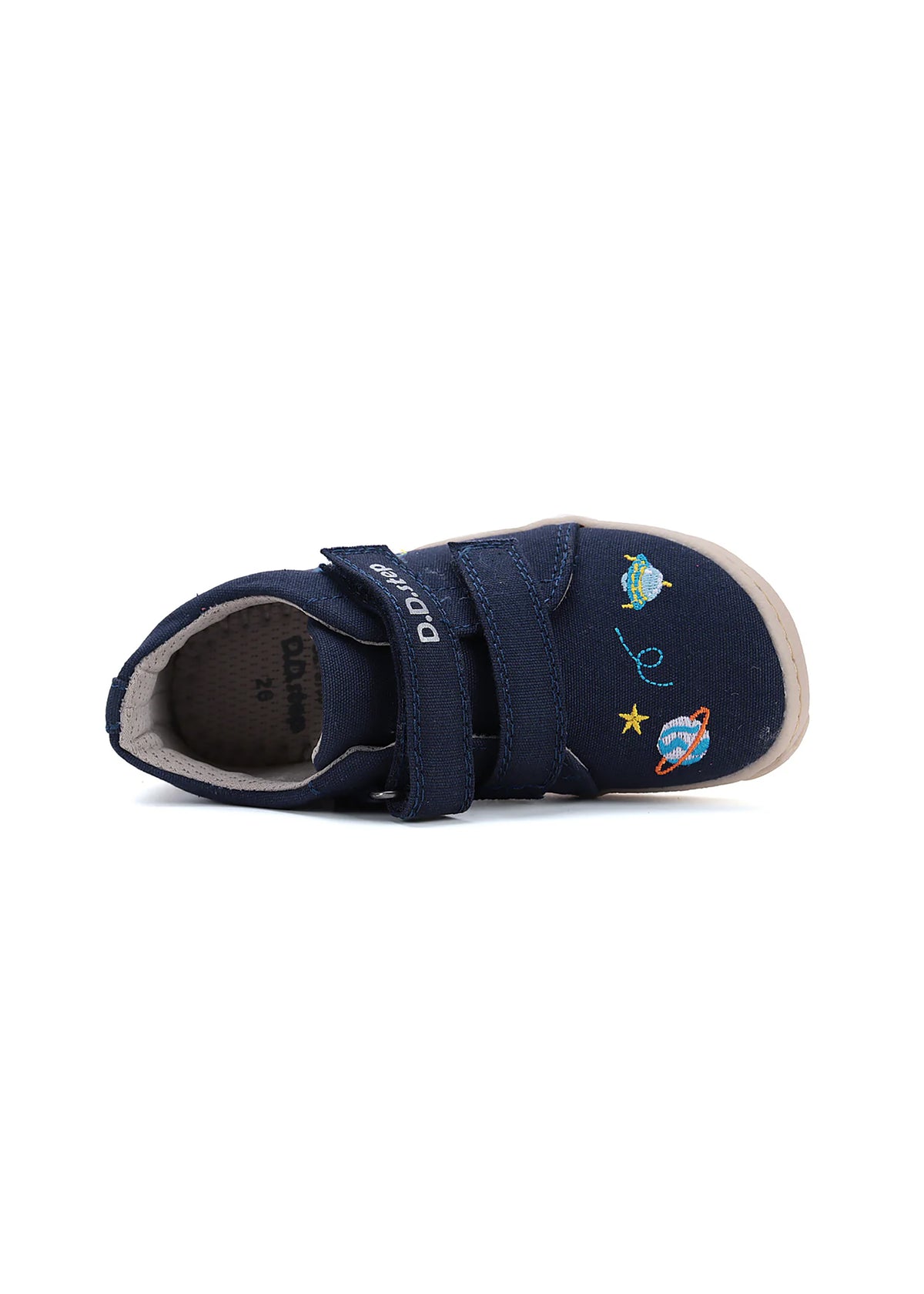 Children's barefoot sneakers - dark blue canvas, space patterns