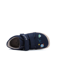 Children's barefoot sneakers - dark blue canvas, space patterns