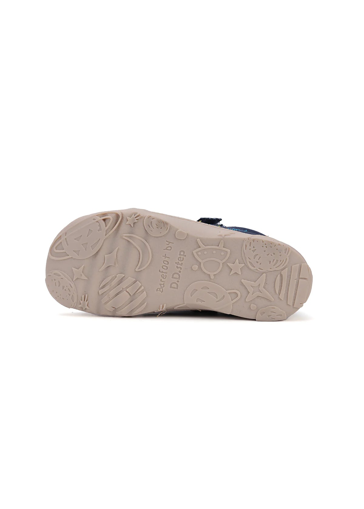 Children's barefoot sneakers - dark blue canvas, space patterns