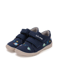 Children's barefoot sneakers - dark blue canvas, space patterns