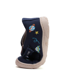 Children's barefoot sneakers - dark blue canvas, space patterns