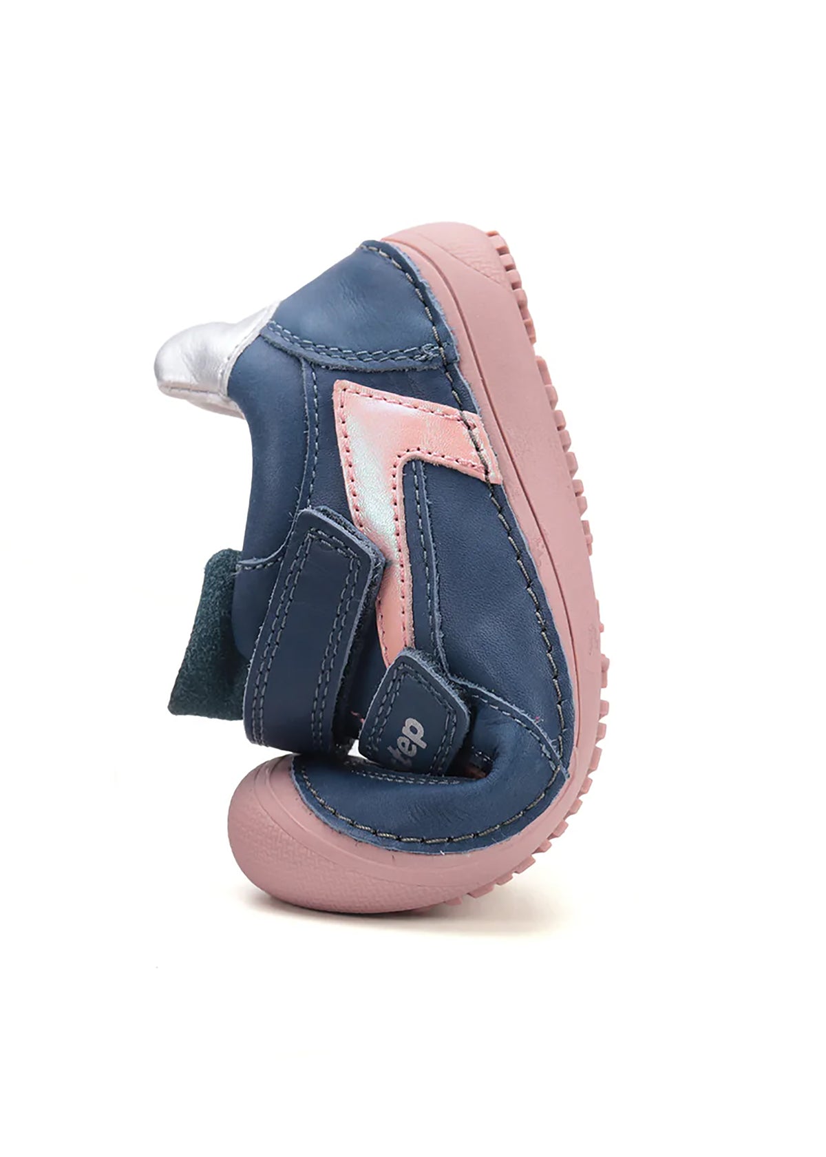 Children's barefoot sneakers, mid-season shoes - blue leather, pink patterned designs