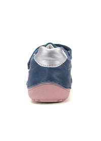 Children's barefoot sneakers, mid-season shoes - blue leather, pink patterned designs