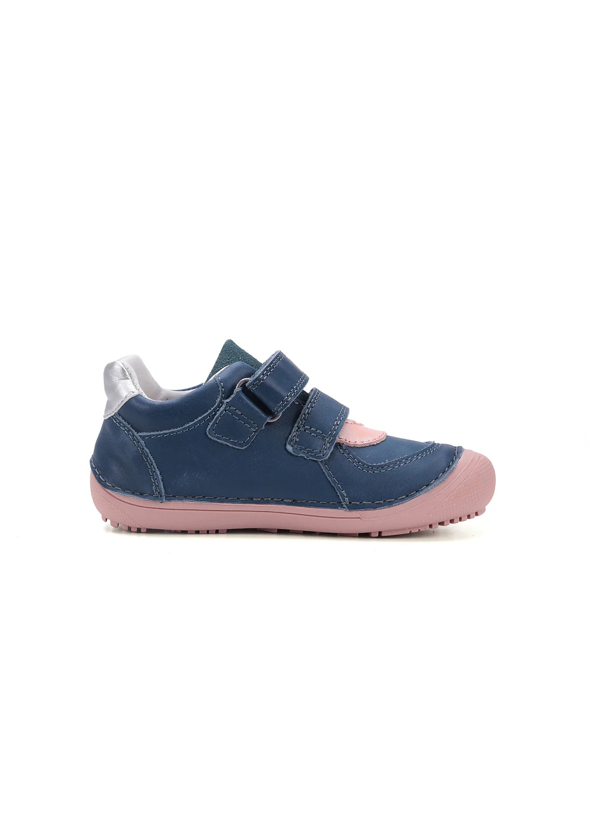 Children's barefoot sneakers, mid-season shoes - blue leather, pink patterned designs