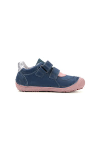 Children's barefoot sneakers, mid-season shoes - blue leather, pink patterned designs