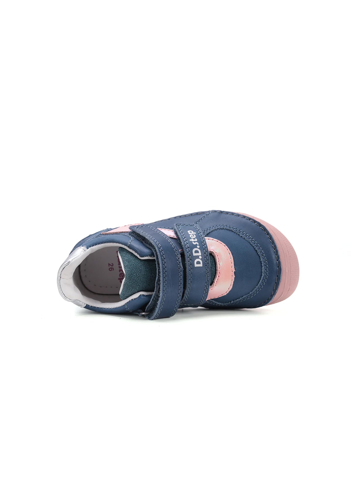 Children's barefoot sneakers, mid-season shoes - blue leather, pink patterned designs