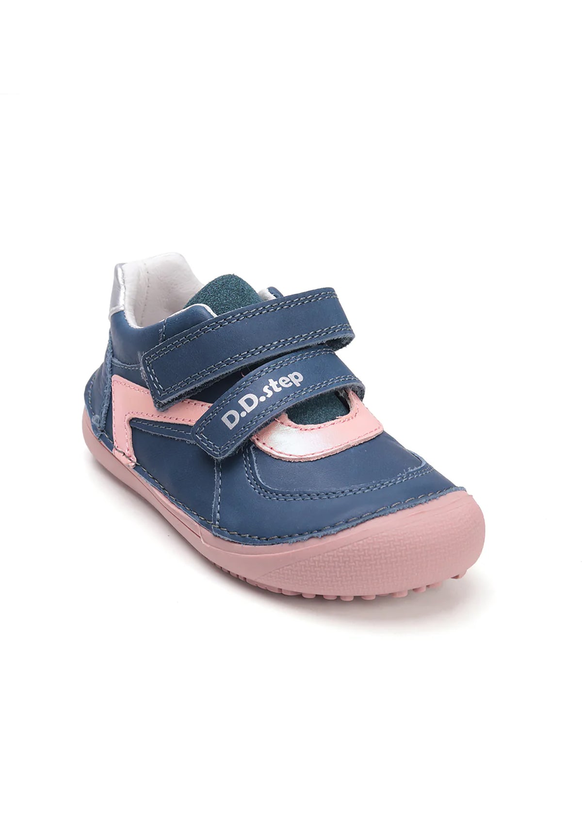 Children's barefoot sneakers, mid-season shoes - blue leather, pink patterned designs