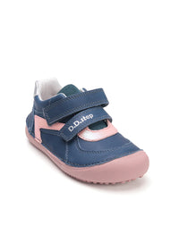Children's barefoot sneakers, mid-season shoes - blue leather, pink patterned designs