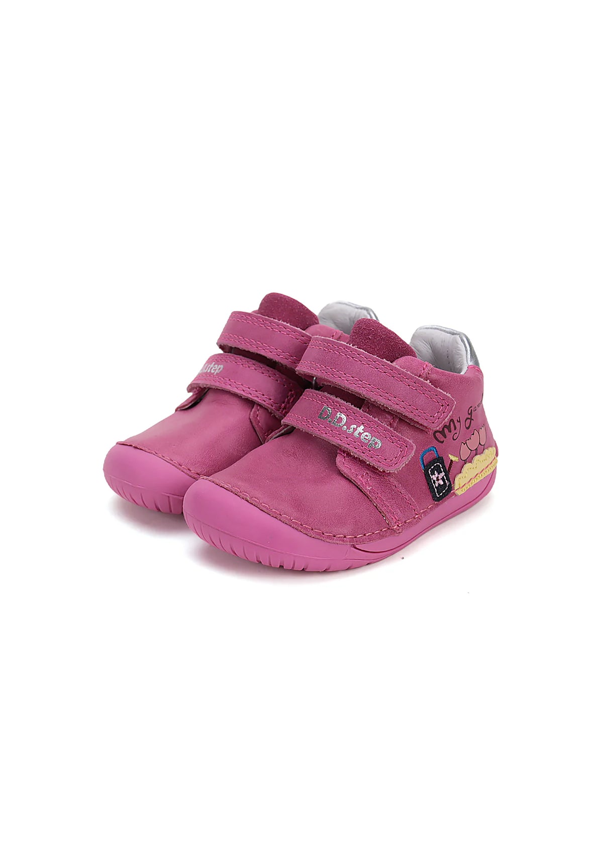 Children's barefoot sneakers - pink leather, flowers