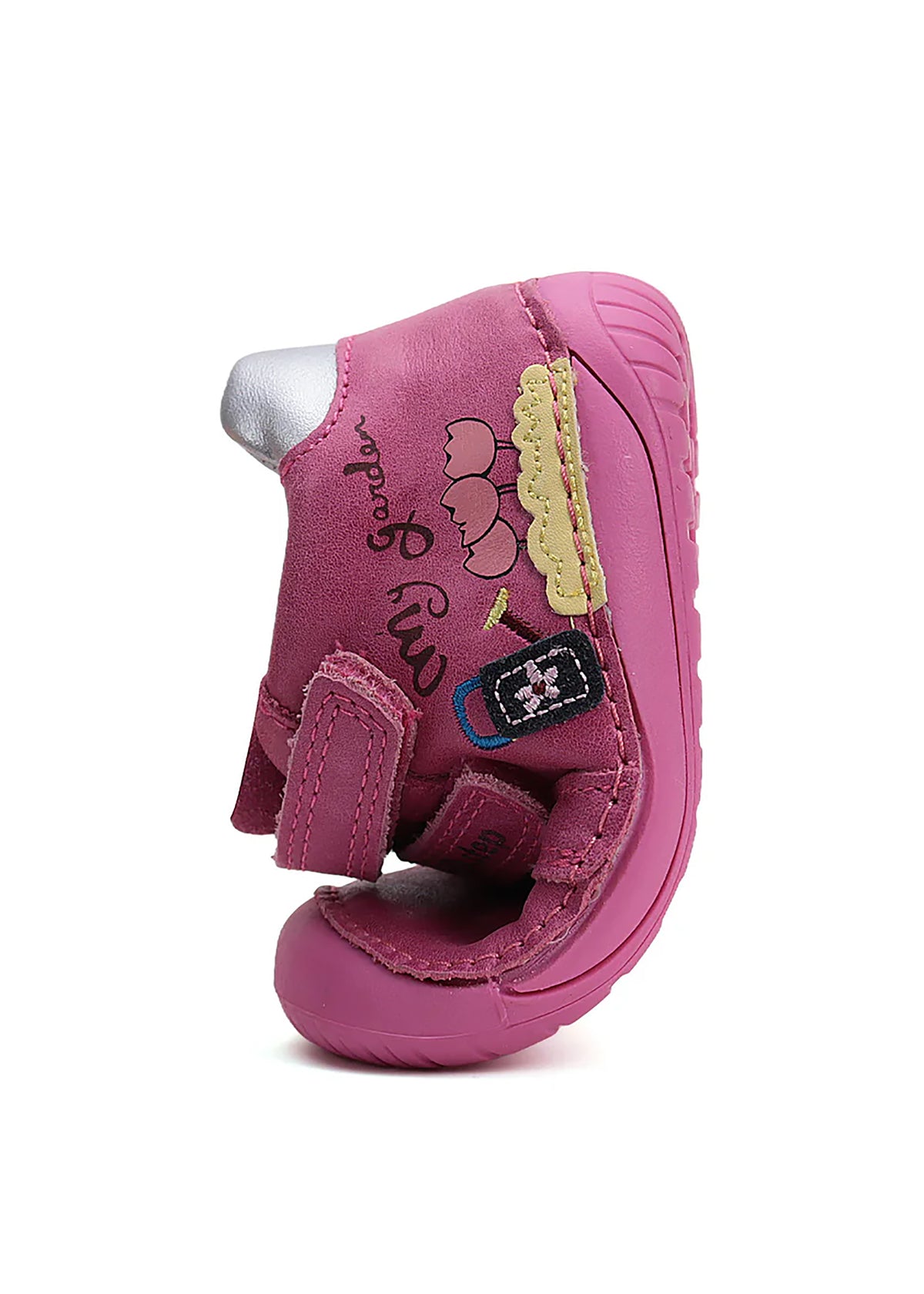 Children's barefoot sneakers - pink leather, flowers