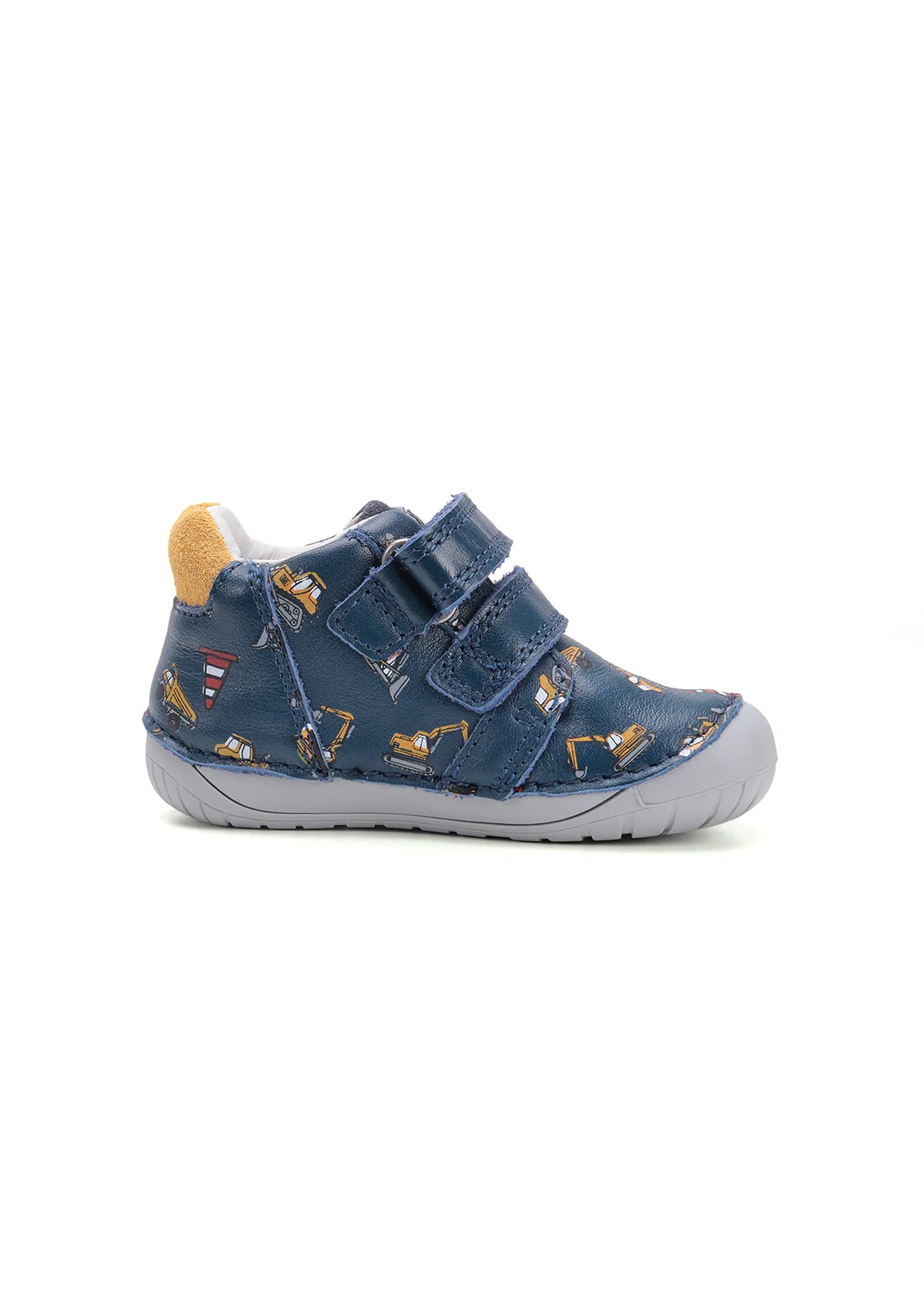Children's barefoot sneakers, transitional season shoes - dark blue leather, diggers