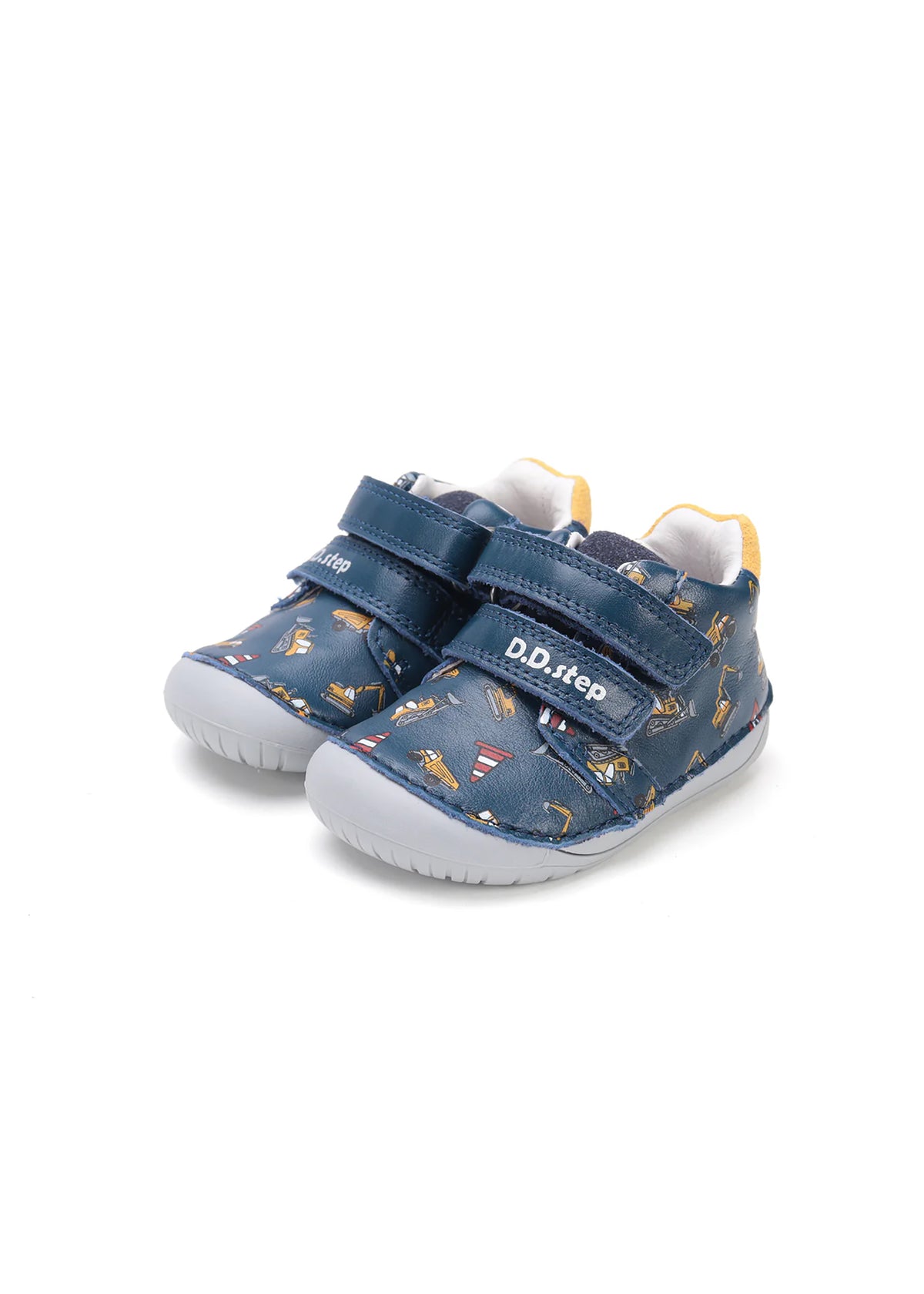 Children's barefoot sneakers, transitional season shoes - dark blue leather, diggers