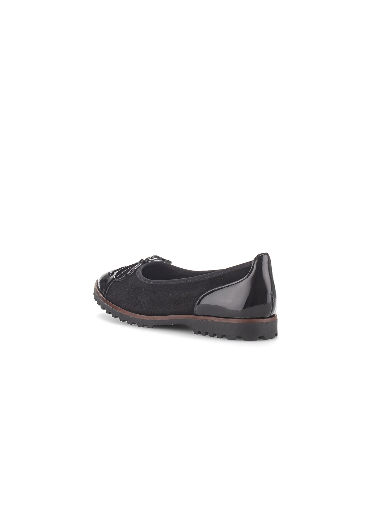 Ballet flats - black nubuck leather, shiny toe and heel, bow decoration