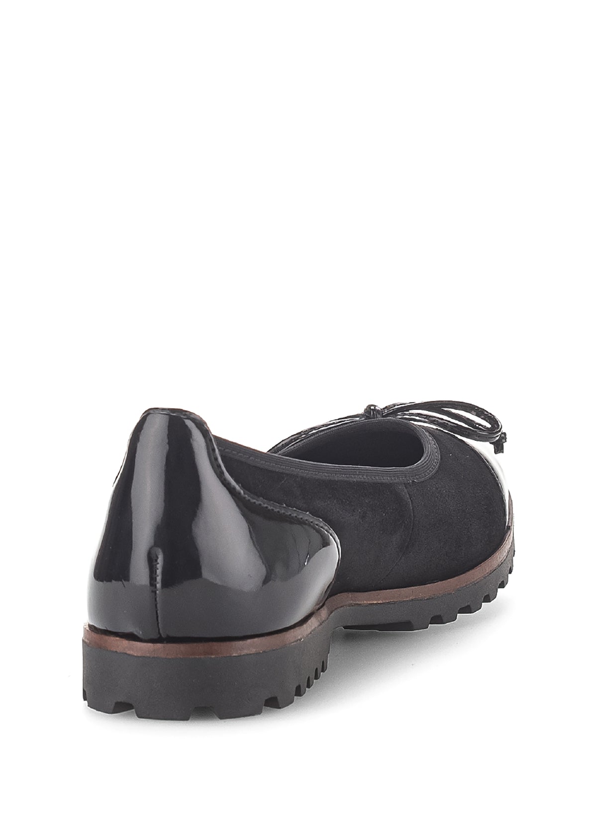 Ballet flats - black nubuck leather, shiny toe and heel, bow decoration