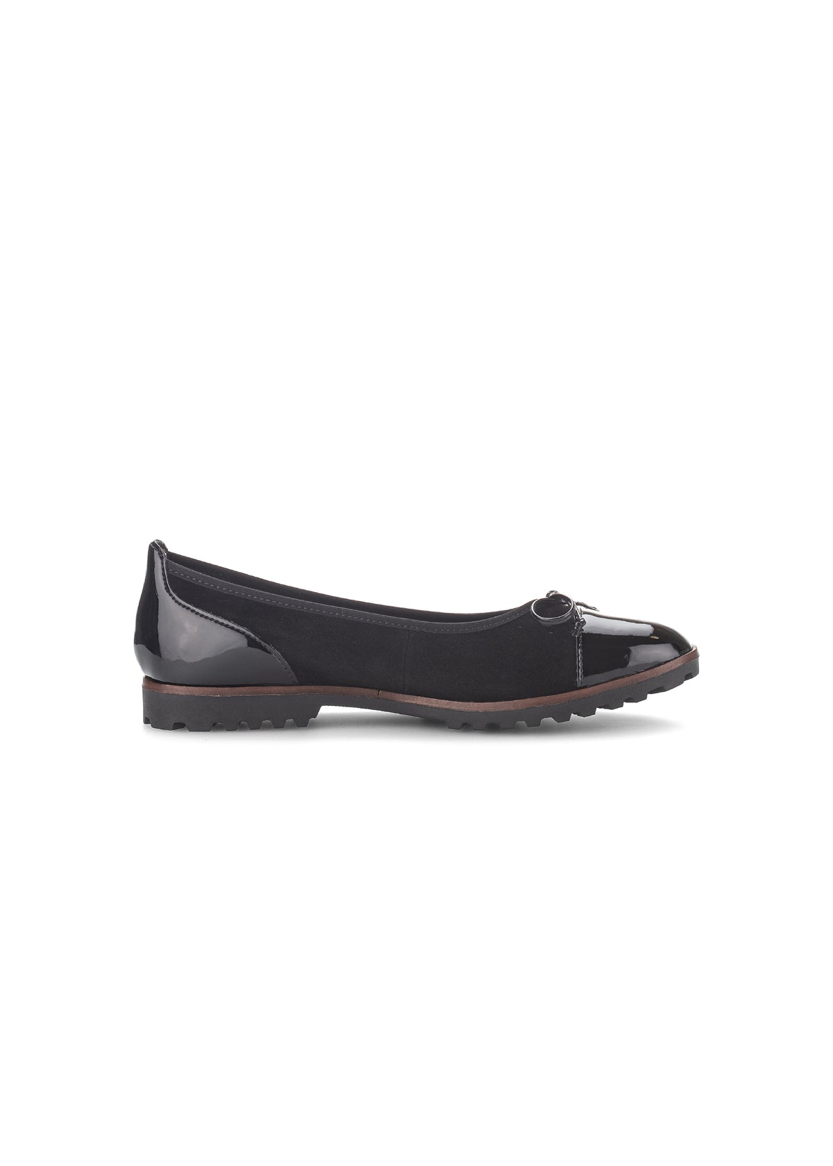 Ballet flats - black nubuck leather, shiny toe and heel, bow decoration