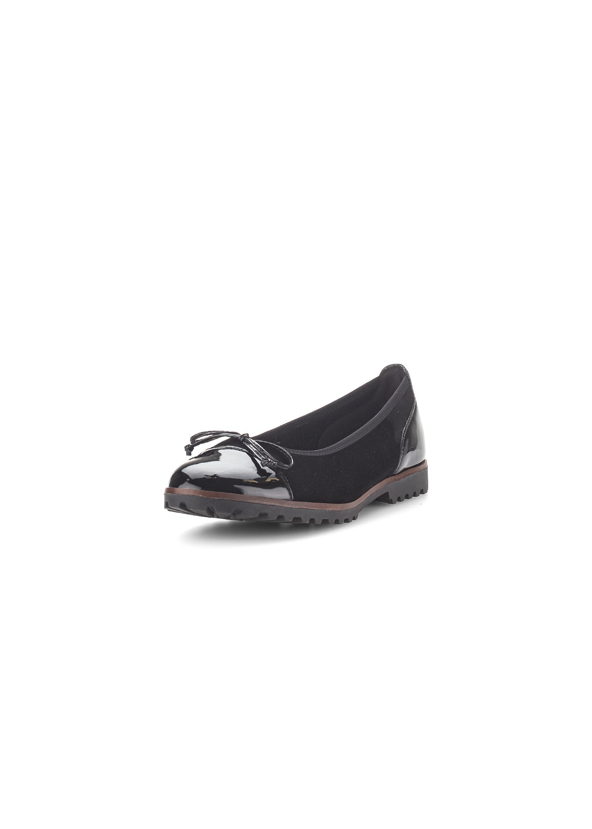 Ballet flats - black nubuck leather, shiny toe and heel, bow decoration