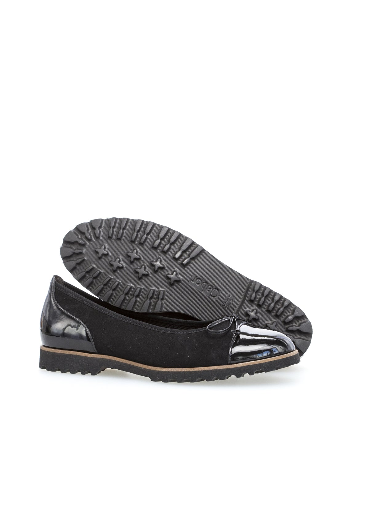 Ballet flats - black nubuck leather, shiny toe and heel, bow decoration