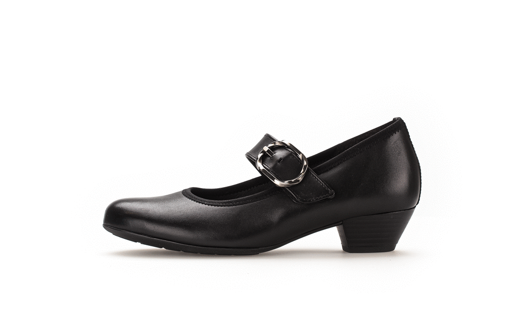 Pumps med kardborreband - svart läder, spänndekor