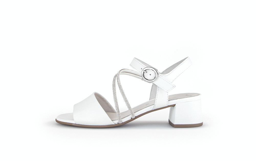 Festive sandals with block heel - white leather, silver straps