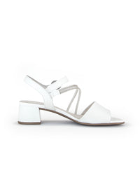 Festive sandals with block heel - white leather, silver straps
