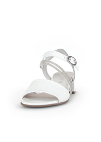 Festive sandals with block heel - white leather, silver straps