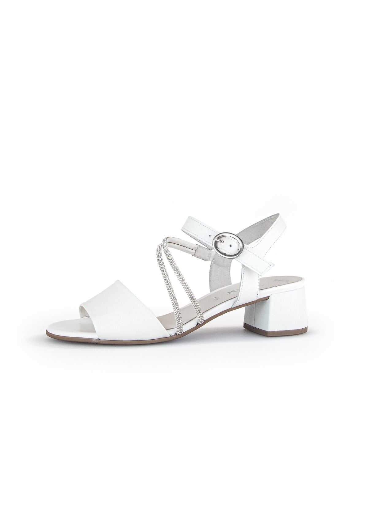 Festive sandals with block heel - white leather, silver straps