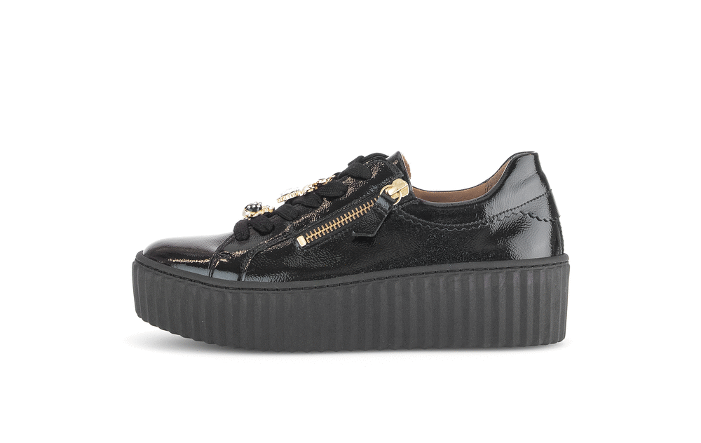 Sneakers with thick soles - black patent leather, golden bumblebees