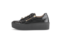 Sneakers with thick soles - black patent leather, golden bumblebees