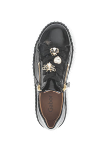 Sneakers with thick soles - black patent leather, golden bumblebees