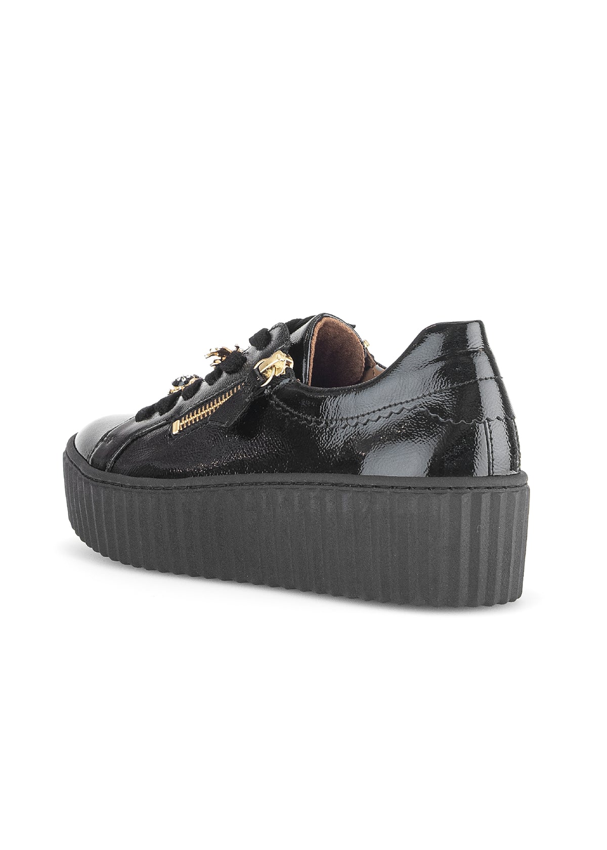 Sneakers with thick soles - black patent leather, golden bumblebees