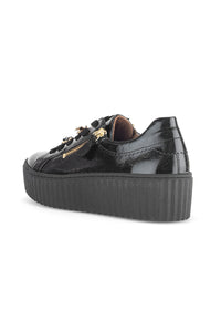Sneakers with thick soles - black patent leather, golden bumblebees