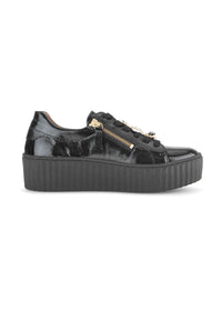 Sneakers with thick soles - black patent leather, golden bumblebees