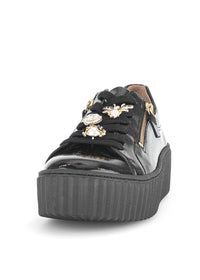 Sneakers with thick soles - black patent leather, golden bumblebees