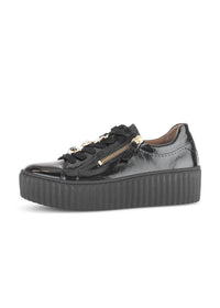 Sneakers with thick soles - black patent leather, golden bumblebees