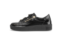 Sneakers with a chunky sole - black patent leather, gold embellishments
