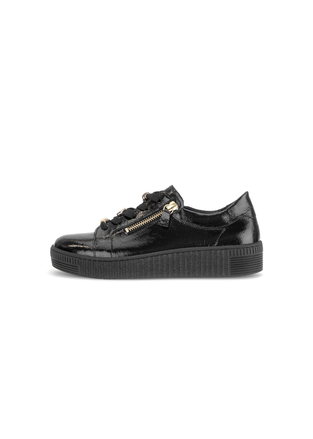 Sneakers with a chunky sole - black patent leather, gold embellishments