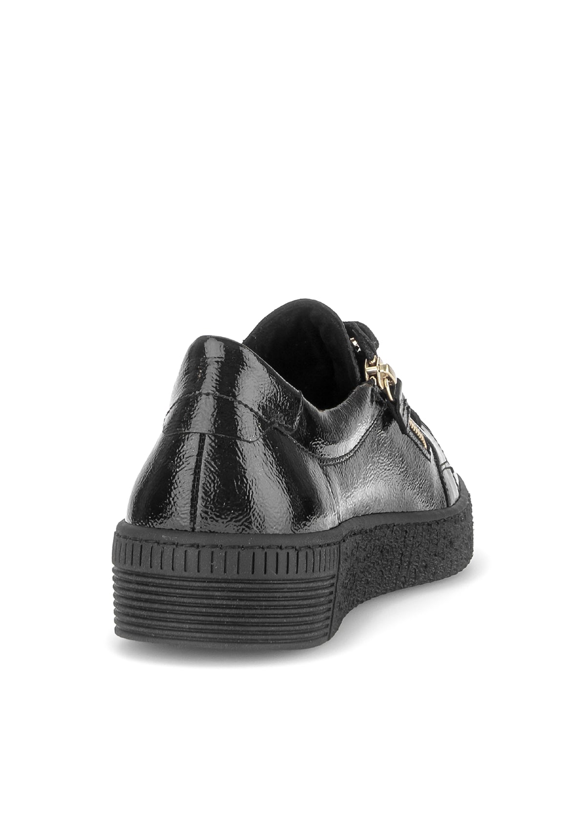 Sneakers with a chunky sole - black patent leather, gold embellishments