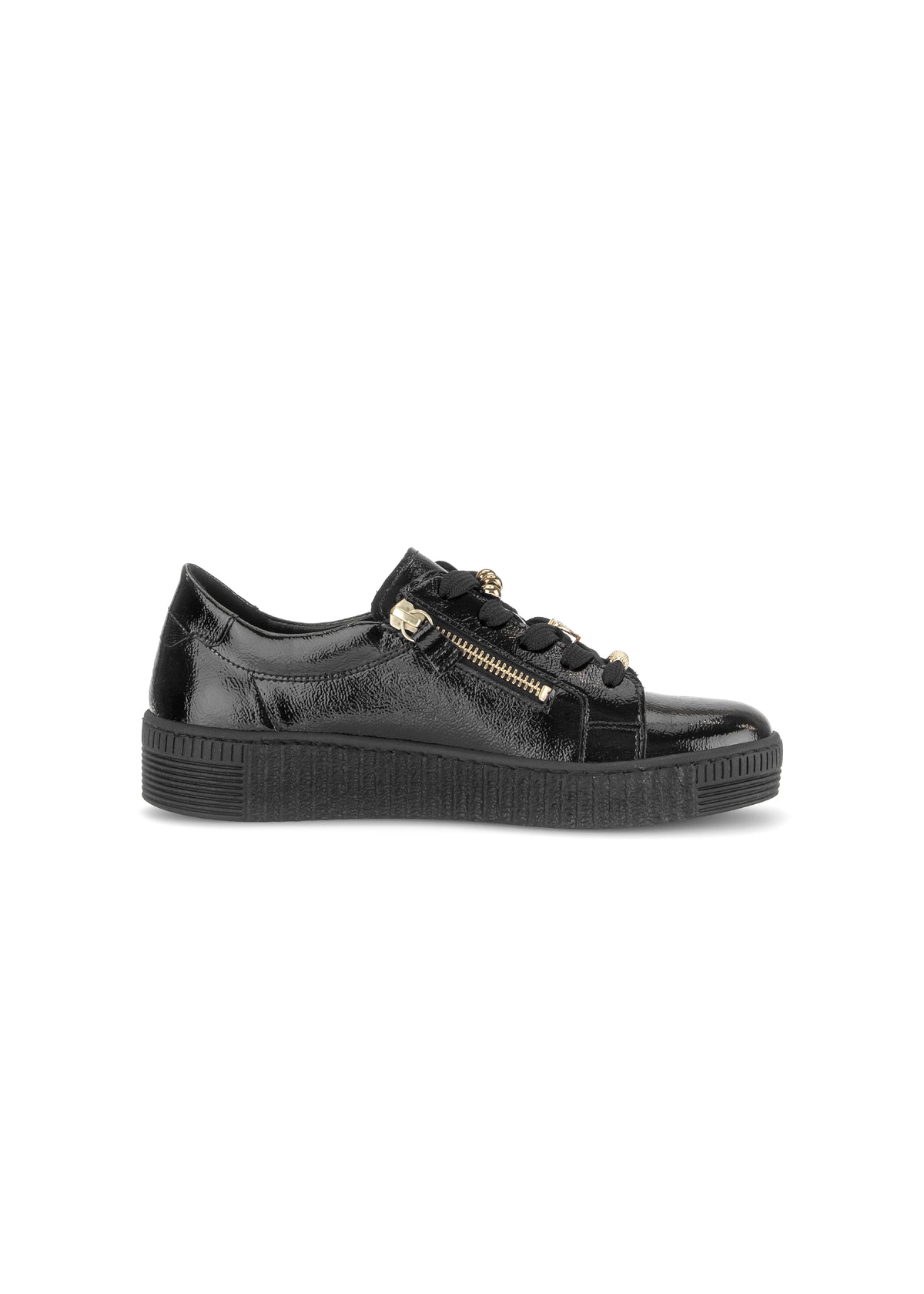 Sneakers with a chunky sole - black patent leather, gold embellishments