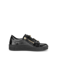 Sneakers with a chunky sole - black patent leather, gold embellishments