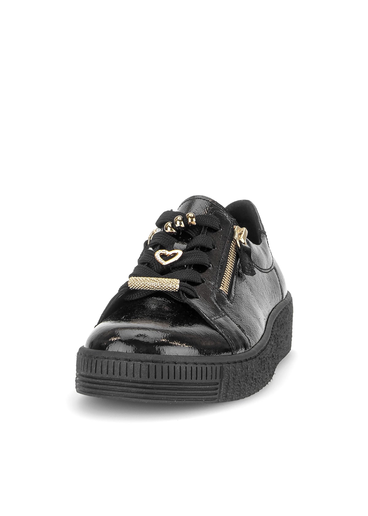 Sneakers with a chunky sole - black patent leather, gold embellishments