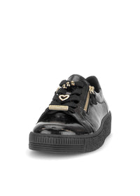 Sneakers with a chunky sole - black patent leather, gold embellishments