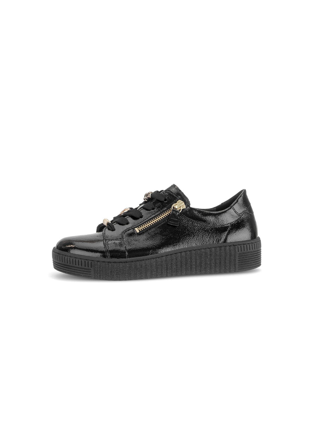 Sneakers with a chunky sole - black patent leather, gold embellishments